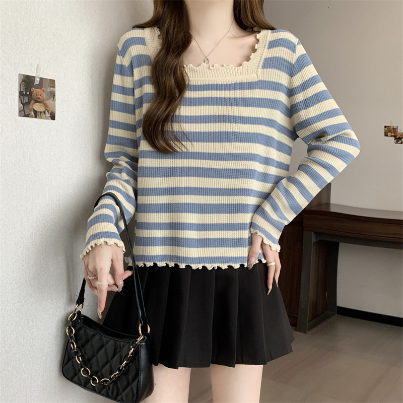 大きいサイズの婦人服2025春秋の新型の太った妹の方襟のストライプの長袖のtシャツは腹を覆います。|undefined