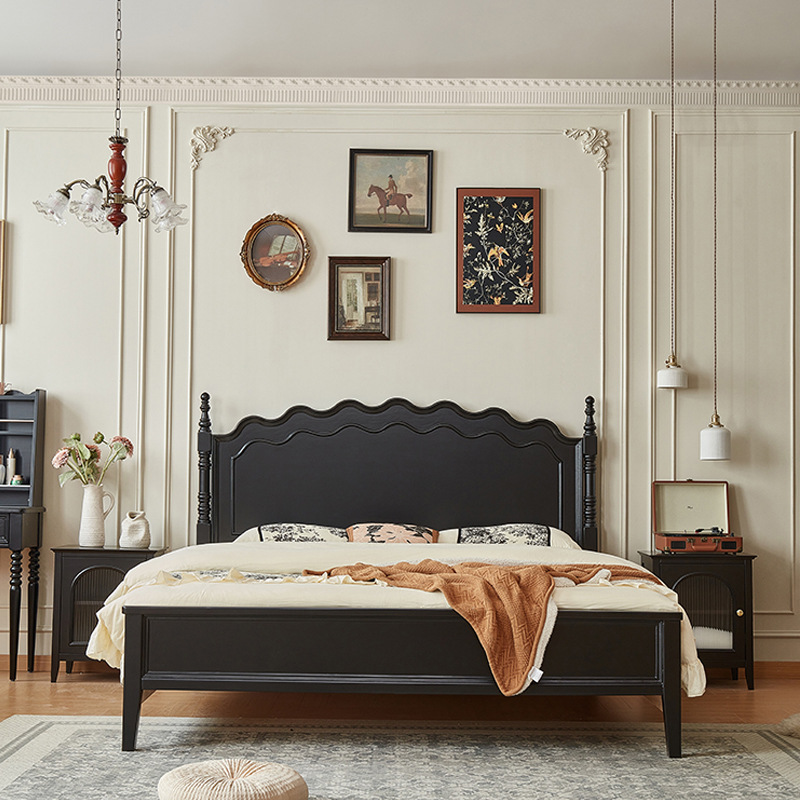 Cama de madera maciza americana negra retro 1.8m cama doble francesa dormitorio principal cama de almacenamiento estilo medieval Leia cama queen image 3
