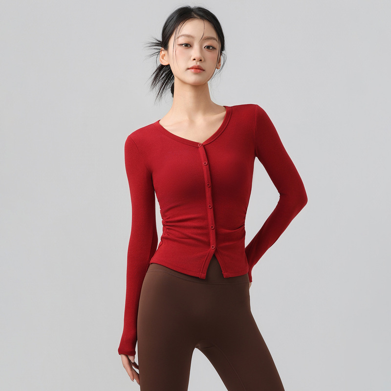 Fitness Girl's Beautiful Yoga Wear Long-Sleeved V-Neck Waist-Cinching Button Cardigan Pilates Training Sports Top Autumn and Winter Fitness Girl's Beautiful Yoga Wear Long-Sleeved V-Neck Waist-Cinching Button Cardigan Pilates Training Sports Top Autumn and Winter
