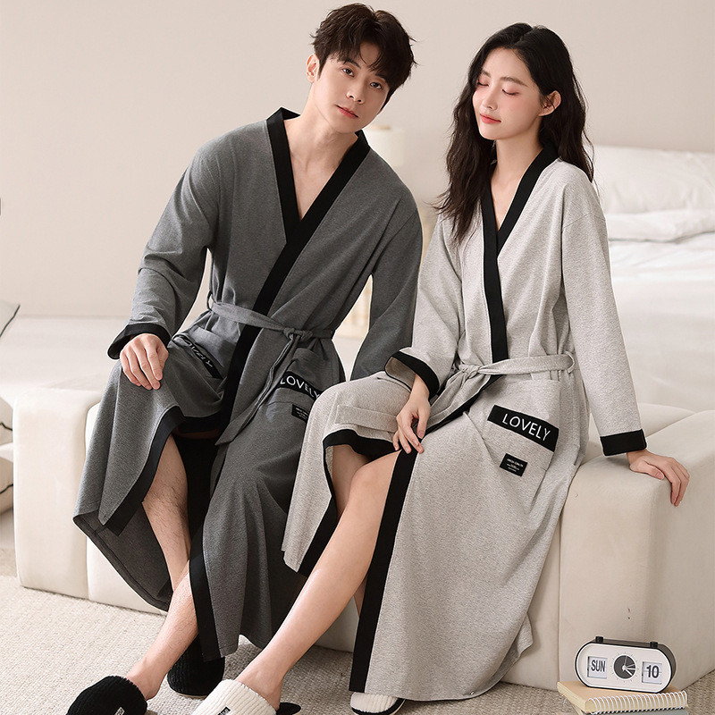 New pure cotton couple's bathrobe, men's spring and autumn long-sleeve all-cotton hotel bathrobe, loose long home wear New pure cotton couple's bathrobe, men's spring and autumn long-sleeve all-cotton hotel bathrobe, loose long home wear