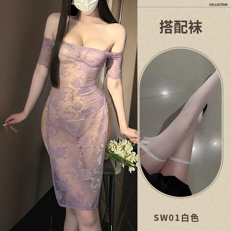 보라색 레이스 스커트 + 끈 팬티 + 흰색 무릎 위 스타킹