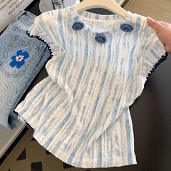 今年人気のブルーの綿とリネンのストライプ半袖Tシャツ夏の新しい韓国風甘い立体花シックなシャツ