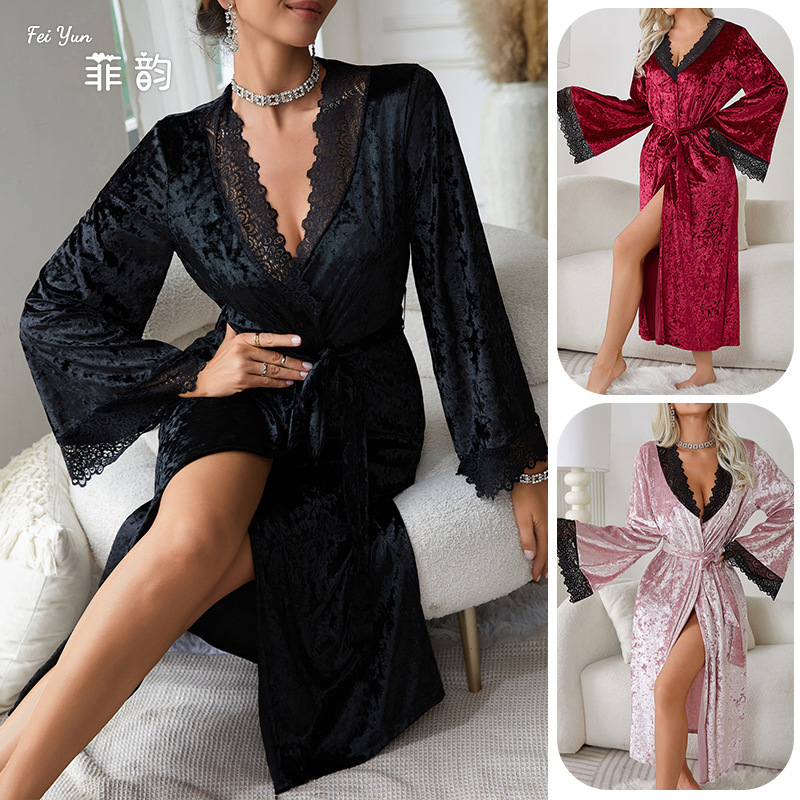 European and American Cross-border Foreign Trade Style Long Bathrobe Sexy Lace Light Luxury Long Sleeve Velvet Nightgown Bathrobe Home Clothes 622