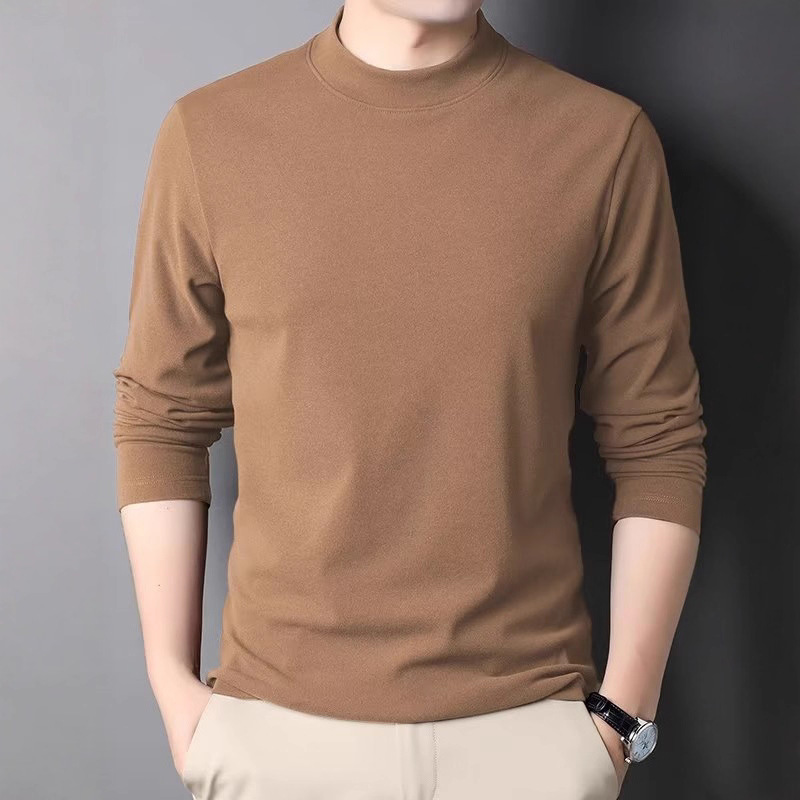 Half Turtleneck Brushed Bottoming Shirt Men's Mid-Collar Long-Sleeved T-Shirt Sweatshirt Autumn and Winter Double-Sided Velvet Thermal Intimates