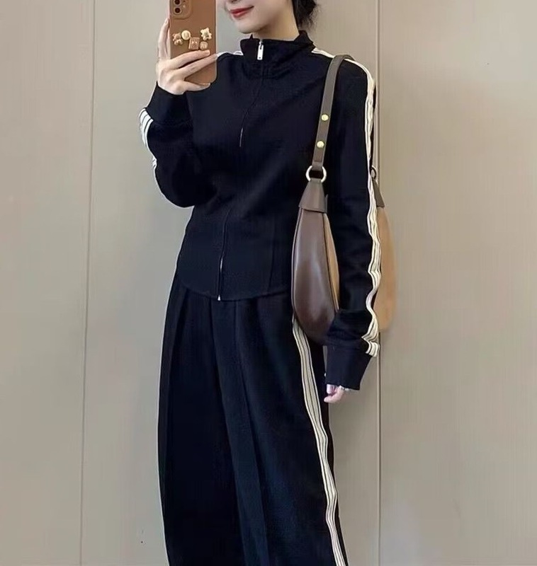 高级鱼骨运动套装女春秋新款时尚黑色卫衣上衣气质休闲裤子两件套|undefined
