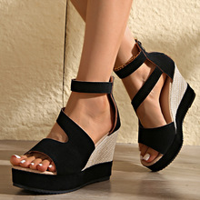 坡跟厚底凉鞋跨境大码轻便显瘦凉靴露趾后拉链坡跟鞋批发