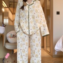 韩版满印兔子少女睡衣春秋季开衫翻领长袖长裤套装学生宿舍家居服