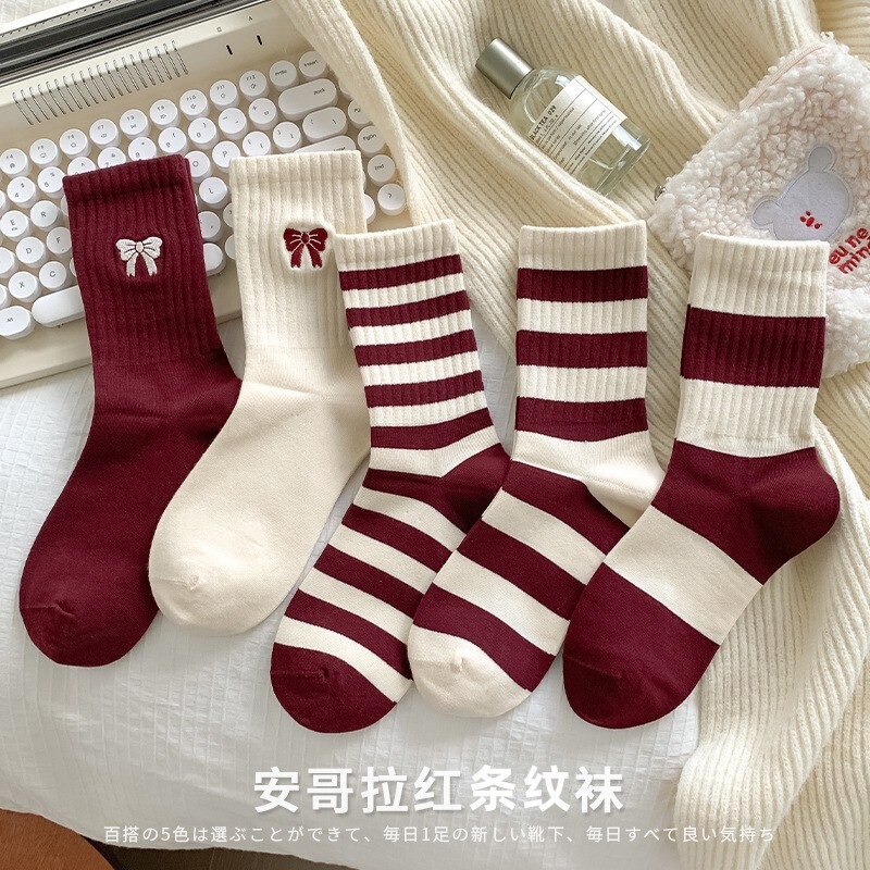 Winter Socks for Women, Mid-Calf Socks, Ancora Red Socks, Burgundy Long Socks, Bow Striped Casual Socks