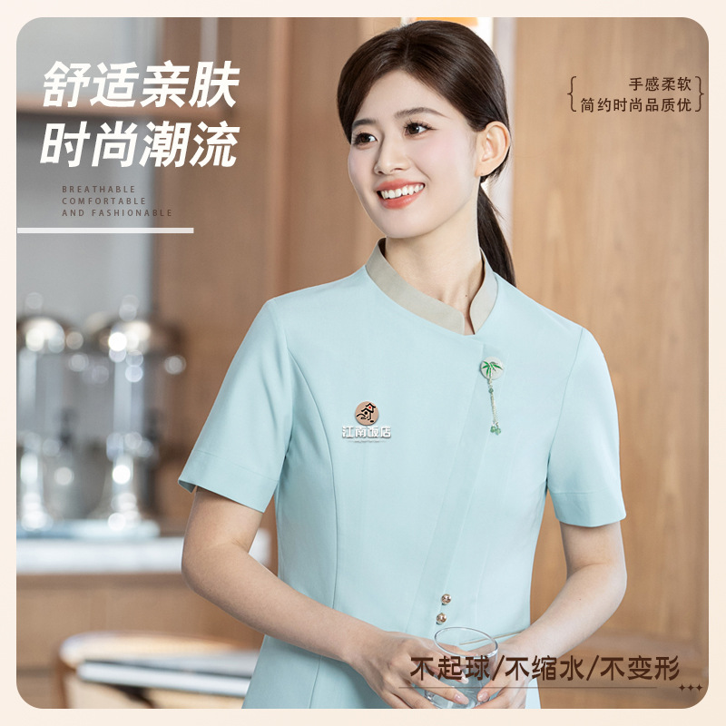 Chinese-style waiter uniform, summer style, for Chinese restaurants, hotels, teahouses, and other specialty clothing with pendant short sleeves.
