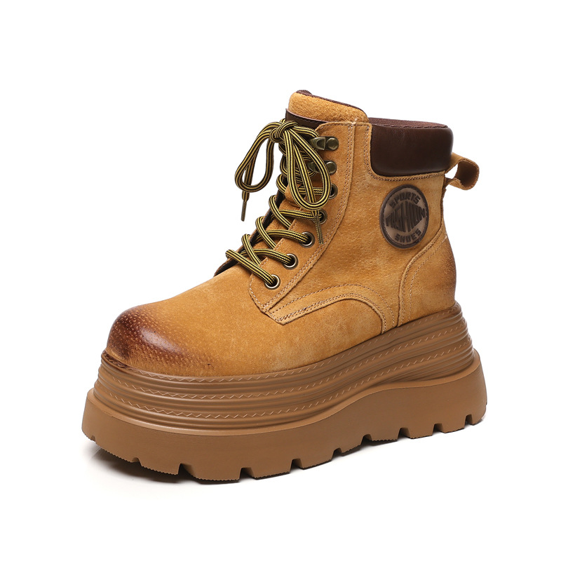 Giày boot nữ đế dày tăng chiều cao kiểu mới mùa thu, phong cách xe máy cổ ngắn — màu vàng sa mạc