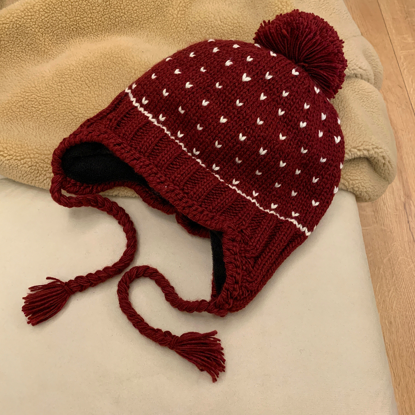 フェア島風毛糸帽子女子秋冬レトロ百合大頭囲保温ニット帽子顔小耳保護帽子