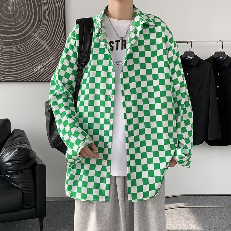 Men's Summer Elastic Thin Trendy Brand Ins Personality Checkerboard Pattern Jacket Cool Long Sleeve Plaid Shirt_viptrois.com