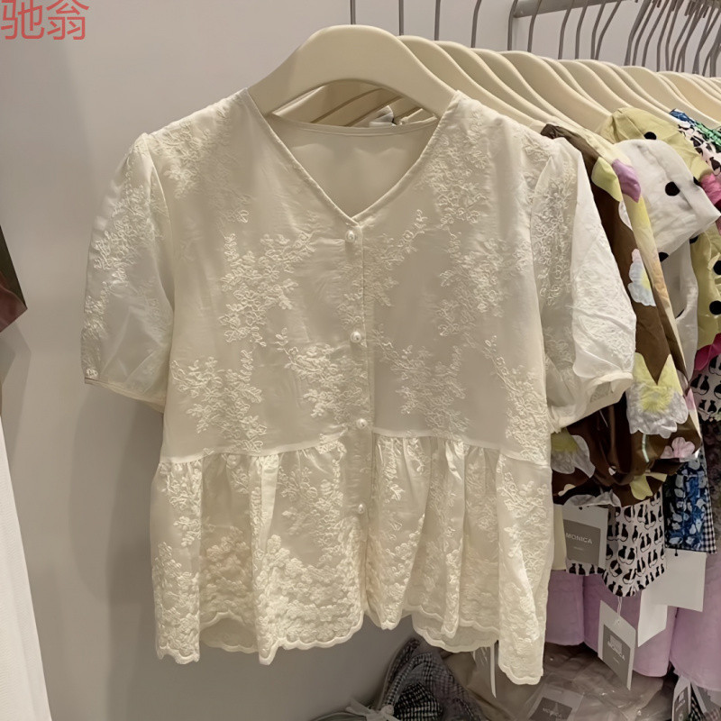 H8A2023 Summer New Age-Reducing Puff Sleeve Shirt Lace Top Women's chubby girl Ladies Style Chiffon Belly Cover Top