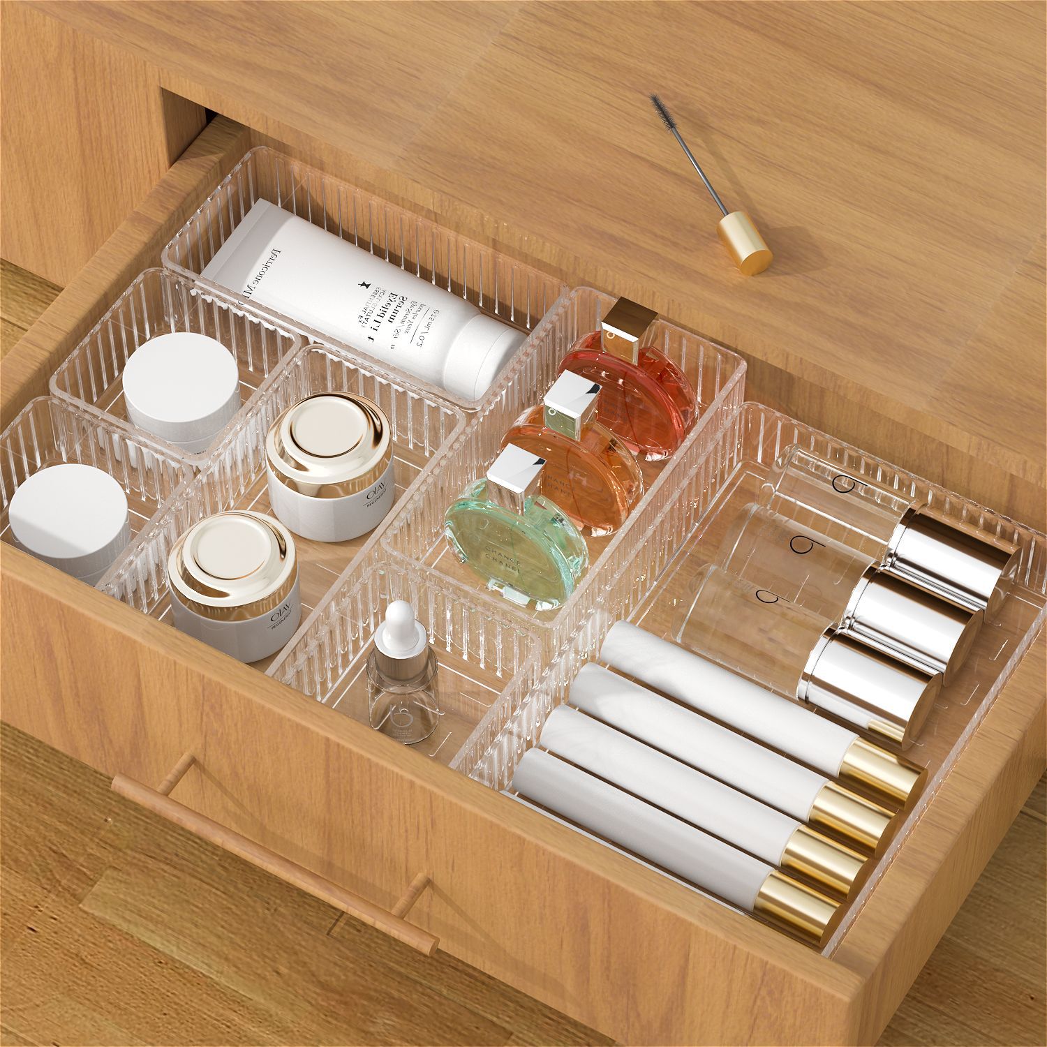 Caja organizadora transparente para cosméticos, productos de cuidado de la piel y perfumes, para lavabo o escritorio, con cajón y estante integrado.