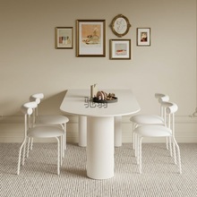 Fr奶油风岩板餐桌椅组合小户型岛台餐桌一体简约餐桌家用靠墙饭桌