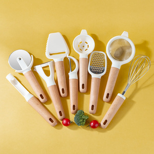 Wooden Handle Kitchen Utensil Set Multifunctional Gadget Storage Rack Grater Egg Beater Bottle Opener Filter Single