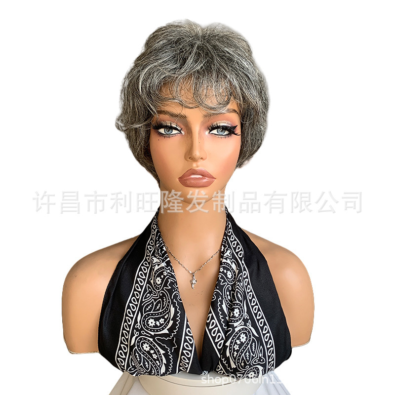Middle-aged and old people's white wig grandma's gray short curly hair real person's hair silk mother's hair set stage performance old people's wig