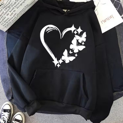 2025 Cross-Border Export Women's Hooded Sweatshirt with Heart Butterfly Print Casual Interesting Simple Outdoor Pullover 2025 Cross-Border Export Women's Hooded Sweatshirt with Heart Butterfly Print Casual Interesting Simple Outdoor Pullover