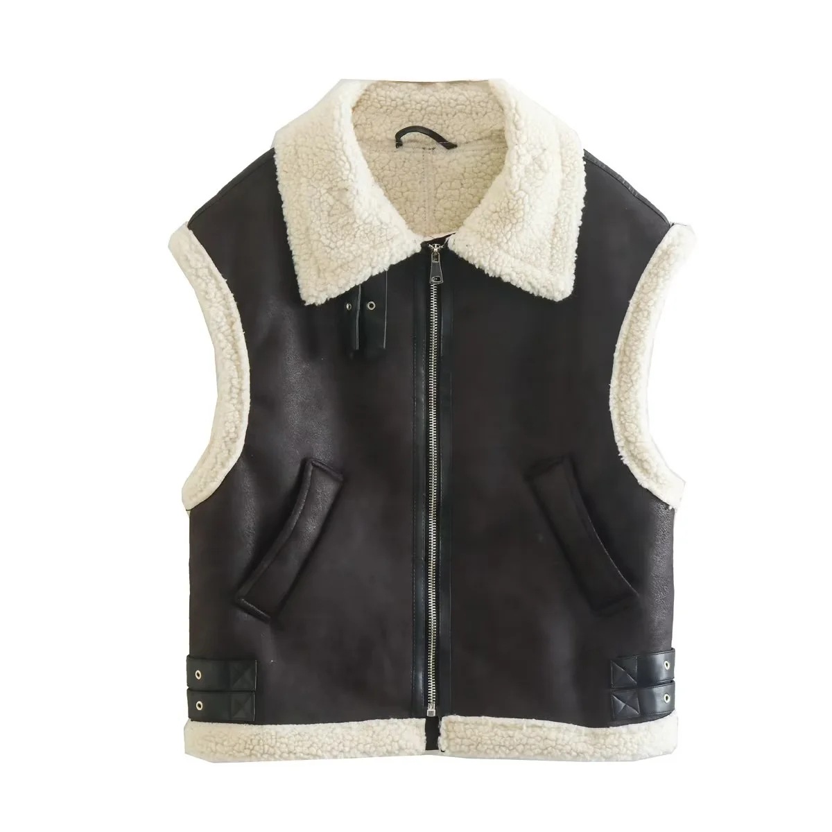Y2K nuovo da donna in pelliccia integrata in pile senza maniche gilet in cotone giacca top_voghion.com