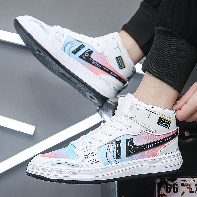 2024 Spring and Autumn New Air Force One Trendy Men's Shoes Video Game Pixel Casual Easiest for Match Student High Top White Shoes