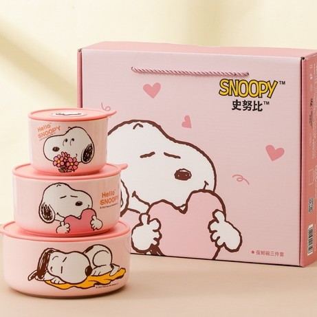 Snoopy genuino tazón de mantenimiento fresco regalo de tres piezas con tapa cerámica de dibujos animados linda caja de regalo de alta gama dos piezas