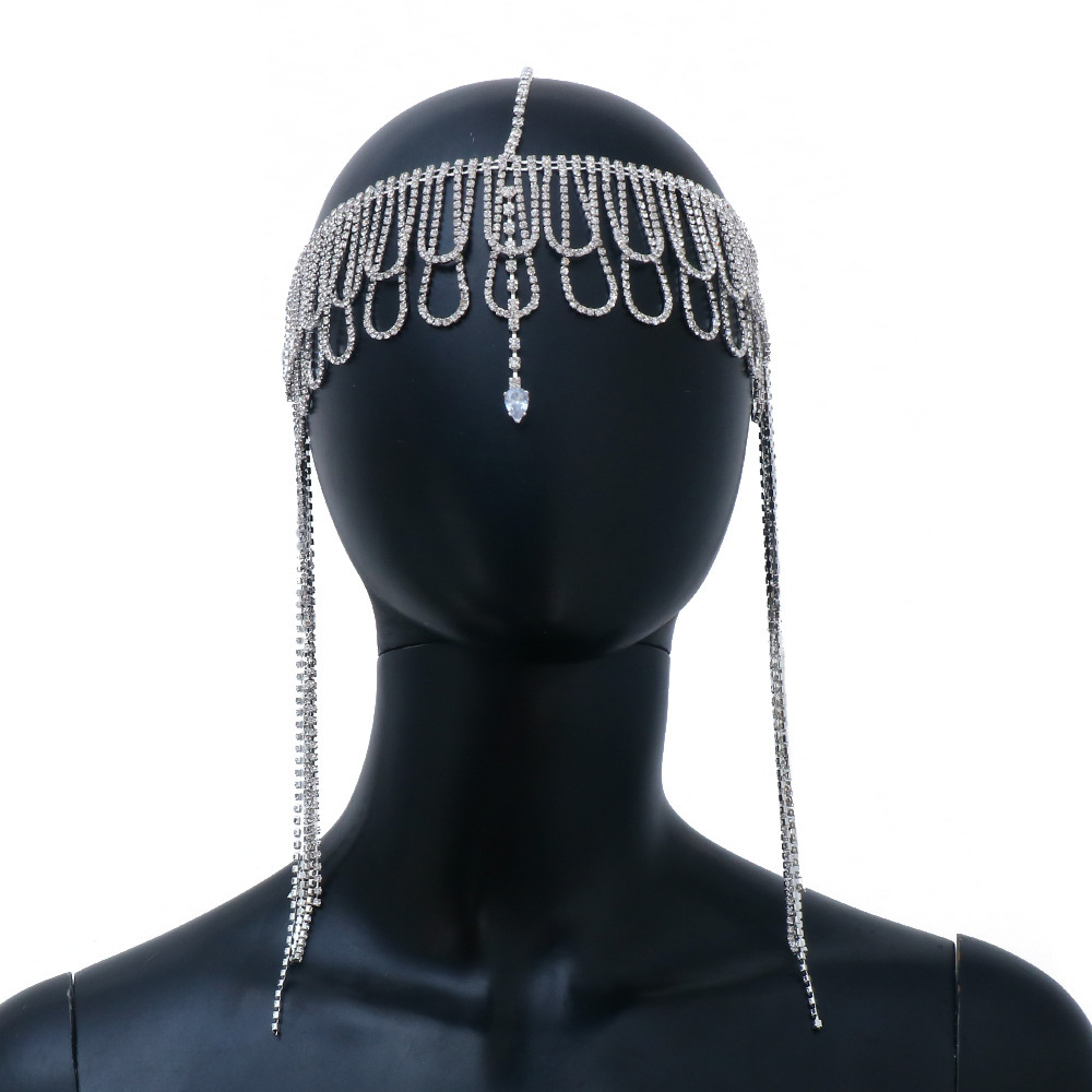AliExpress Venta caliente ZIRCON Cadena de pelo europeo y americano multi-capa borla rhinestone colgante frente cadena accesorios para el cabello tocado