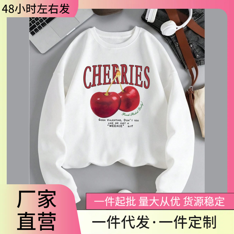 Fashion Women Sweatshirtss Fresh Red Cherry Print Pullover Sweater Round Neck Wool Soft Breathable Sweatshirt Autumn Female
