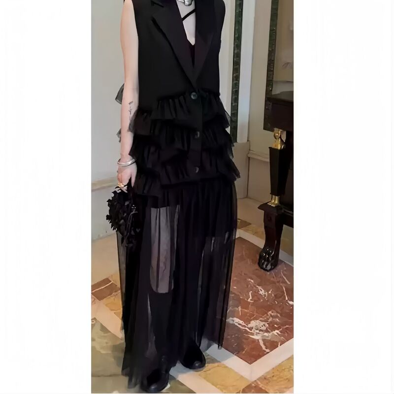 2026 Autumn New Dark Style French Mesh Patchwork Sleeveless Blazer Dress Versatile Long Vest Coat 2026 Autumn New Dark Style French Mesh Patchwork Sleeveless Blazer Dress Versatile Long Vest Coat