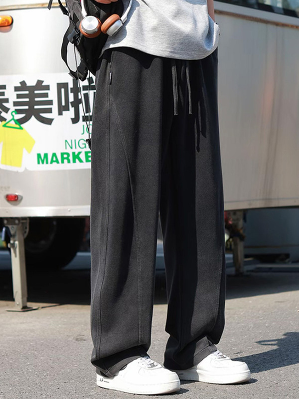 男生休闲裤慵懒重磅卫裤男直筒男裤抽绳阔腿弯刀裤宽松水洗运动裤|undefined