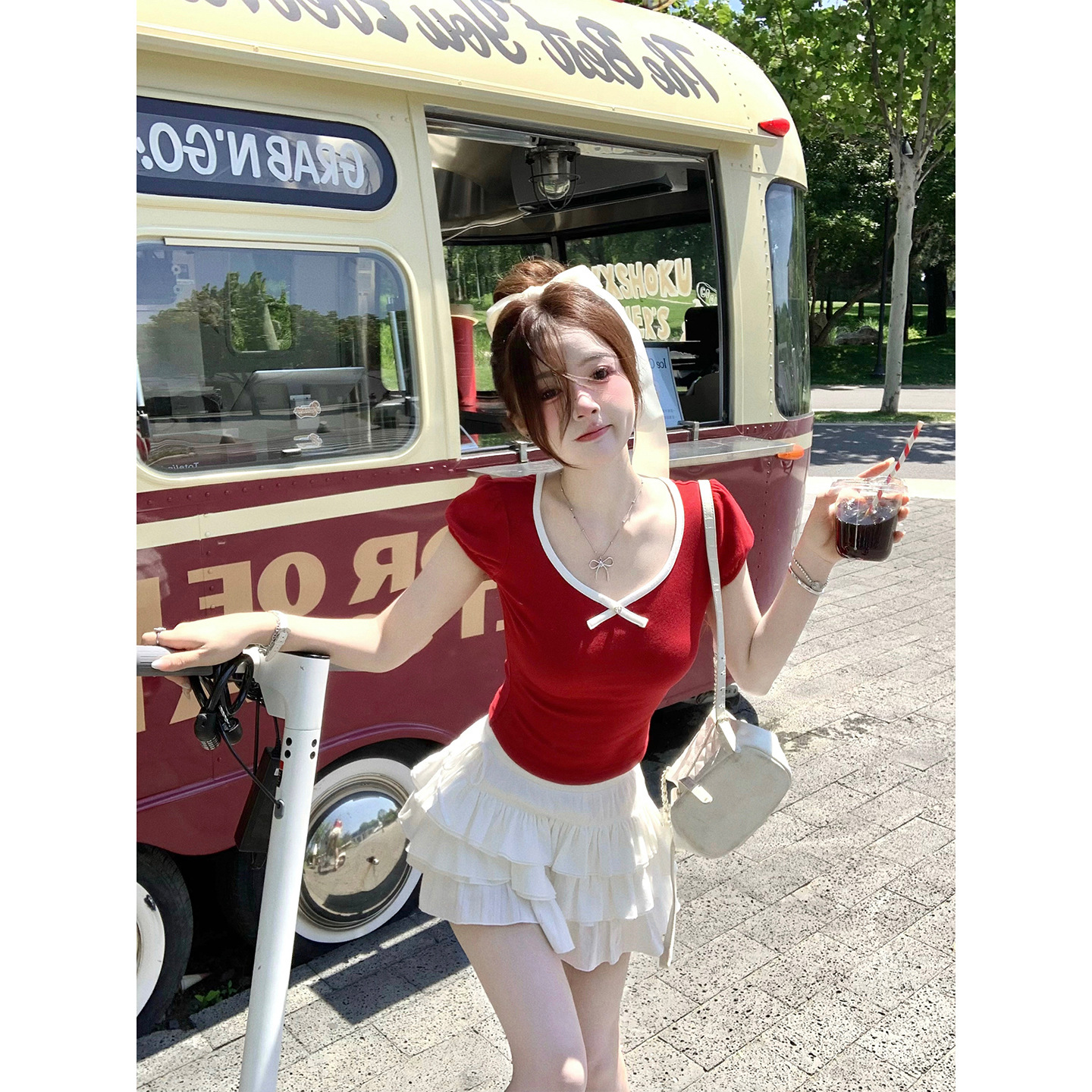 Q女家 可露丽甜莓/显白超绝！亲肤天丝莫代尔修身T恤红色上衣夏天