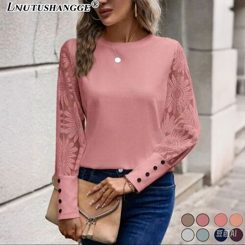 2024 Fall European and American Foreign Trade Amazon Solid Color Long Sleeve Embroidered Lace Spliced ​​Waffle Round Collar Top