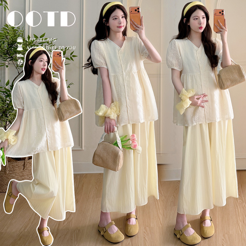 Maternity Summer Fashion Trendy Mom New Style Top Set Stylish and Youthful Loose-Fitting Chanel-Style Shirt Summer Two-Piece Set