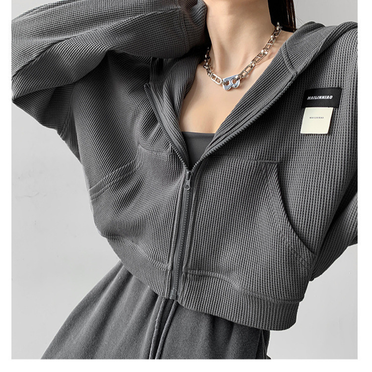 Spring and Autumn New Foreign Trade Waffle Jacket Women's Short Cardigan Zipper Sweater Jacket Loose plus size Hooded Wholesale