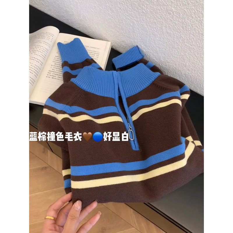 White and blue brown color-block half-zip sweater for women, spring, autumn, and winter, retro striped stand-up collar, long-sleeved loose knit top