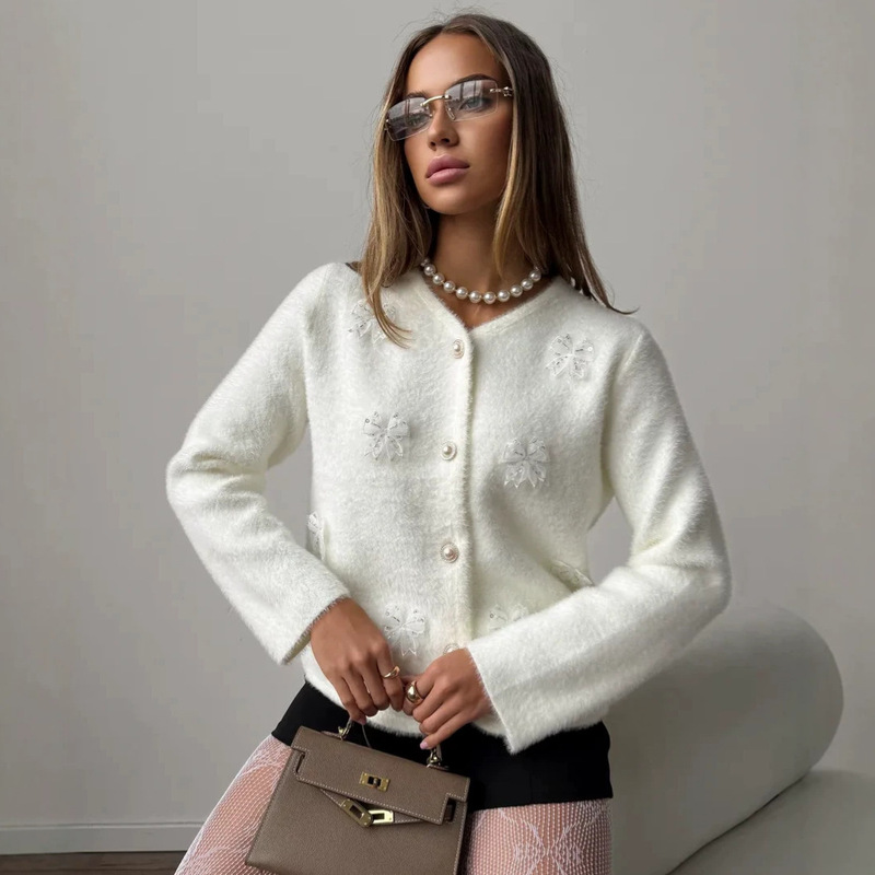 Cross-Border Heavy-Duty Craftsmanship Chanel-Style Knitted Cardigan for Women, New Autumn and Winter Bowknot Top, Fluffy Faux Mink Sweater Coat
