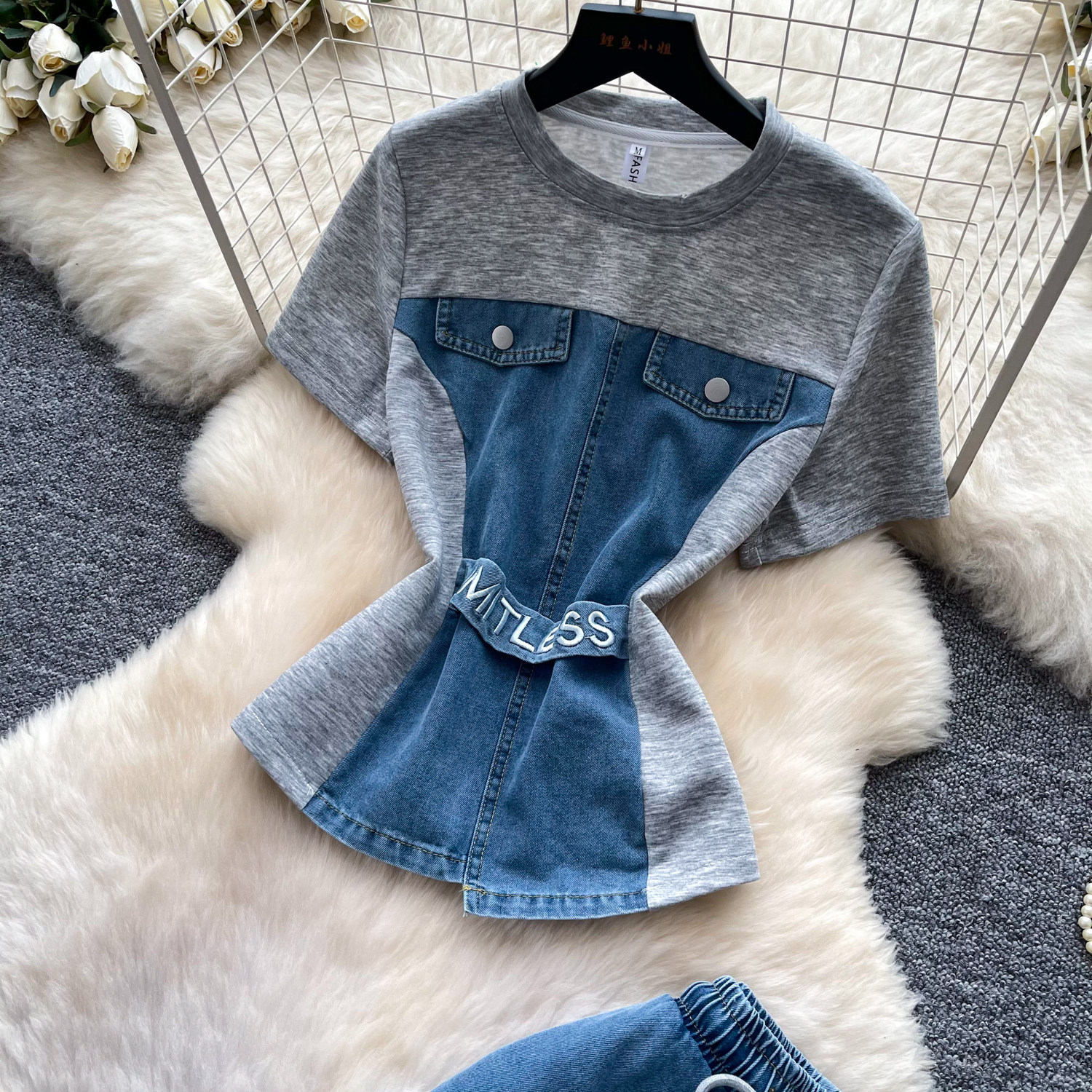 Retro Patchwork Denim Set for Women Short Sleeved Hong Kong Style Summer Casual Straight Leg Pants Two Piece Slimming Outfit_ecoleips.com
