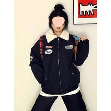 美式学院风翻领撞色羊羔绒棉服外套女冬季保暖棒球服夹克情侣棉衣