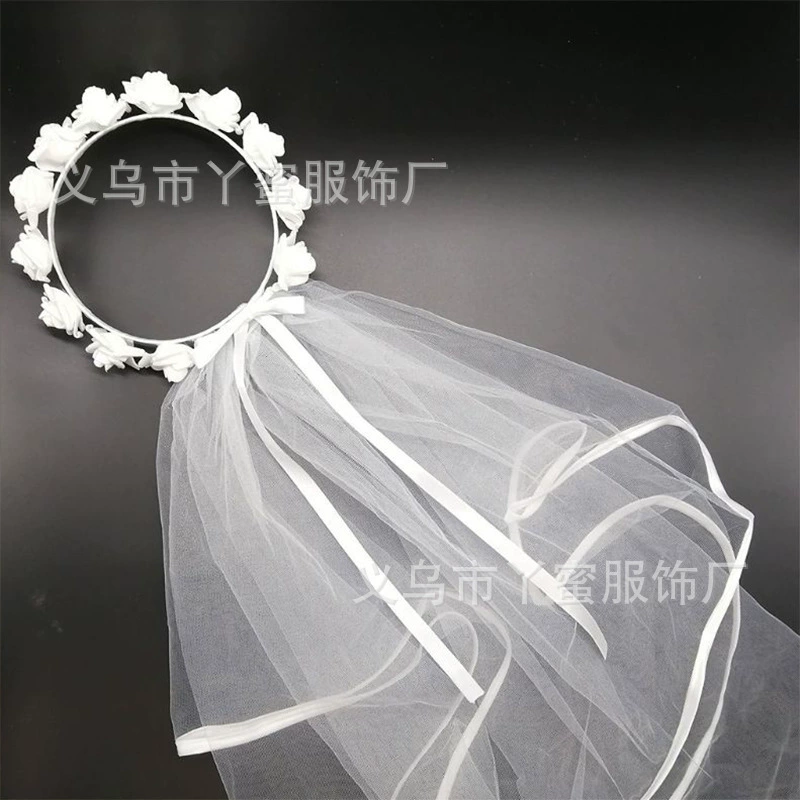 Европейская и американская белая свадебная вуаль-гирлянда, вуаль-гирлянда с белыми розами, вуаль для девичника, свадебная вуаль