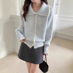 韩系拼色条纹毛衣外套女2025秋冬新款慵懒风柔软粗织翻立领开衫
