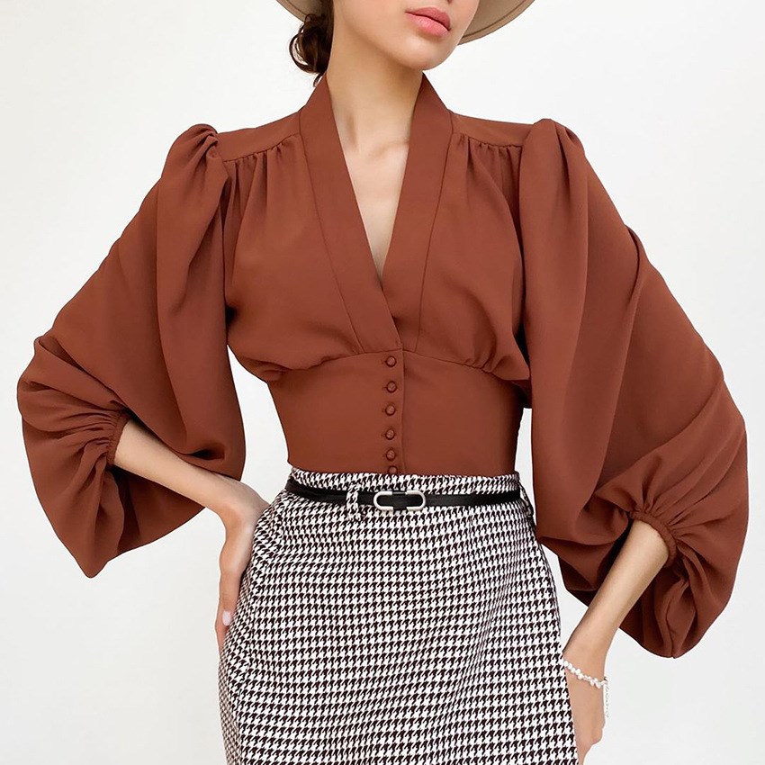 Retro autumn fashion slim women's lantern sleeve shirt wholesale…