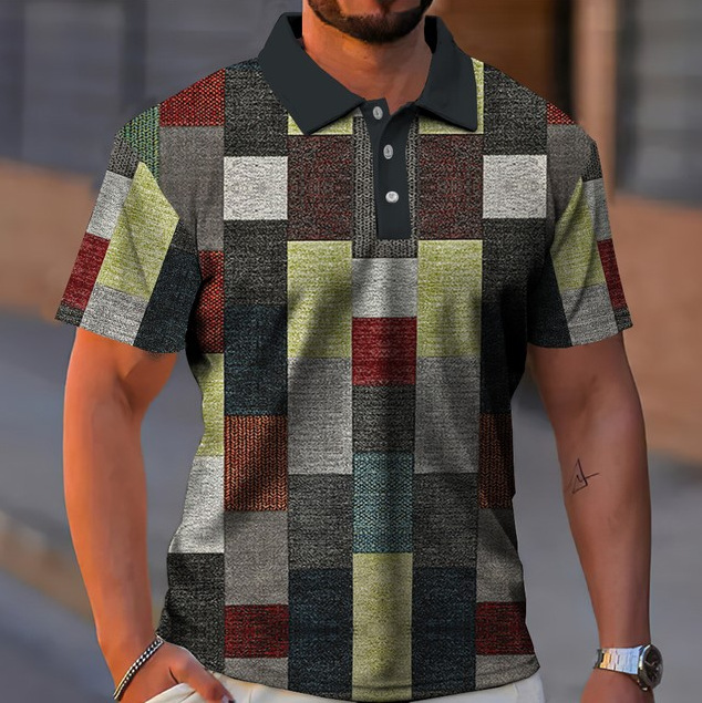 Botón de los hombres camisa polo a cuadros patrón solapa moda 3D Impresión digital moda urbana suelta casual