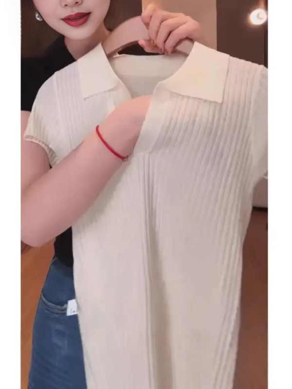 やせて見えるスリムな襟付きニット半袖tシャツ女性2025夏の新しい高級感のある雰囲気に合わせて短い上着を着る|undefined
