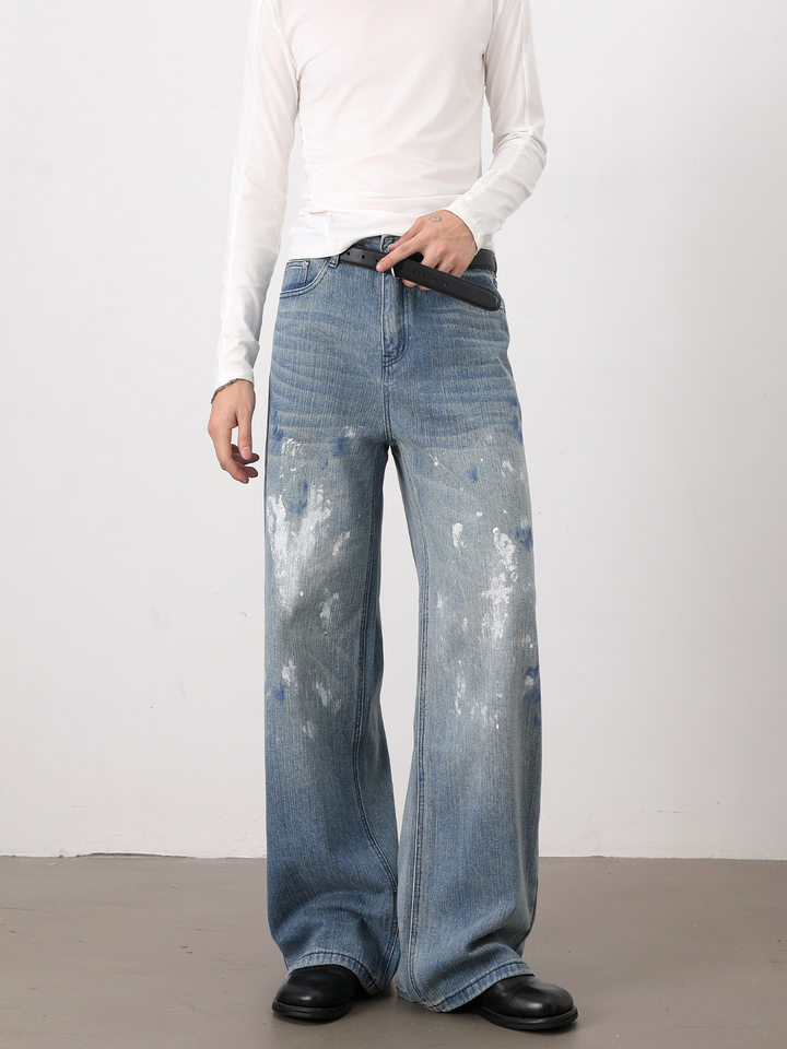 Quần jeans nam ống rộng dáng thẳng phong cách Hàn Quốc, họa tiết vẽ tay độc đáo — Màu xanh dương