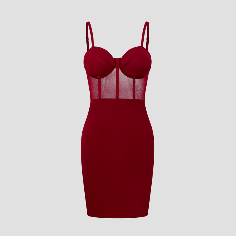 European and American Cross-border Backless Perspective Sexy Advanced Simple Solid Color Sling Fishbone Hip Short dress 7017