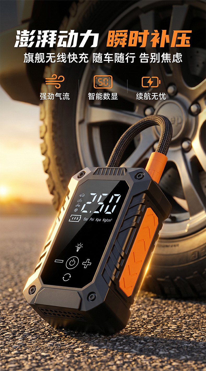 Car air pump, portable smart wireless digital display inflator, multifunctional tire emergency car air pump