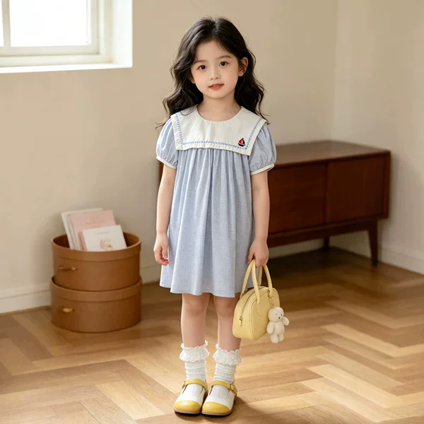 2026 Summer New Style Girls' Plaid Dress, Stylish Puff-Sleeve Casual A-Line Dress for Baby Girls, Available for Wholesale