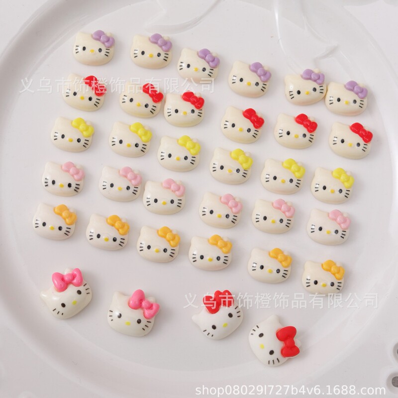 Small Hello Kitty Cartoon Nail Art Accessories Cute Glossy Bow Kt Cat Resin DIY Nail Hairpin Accessories