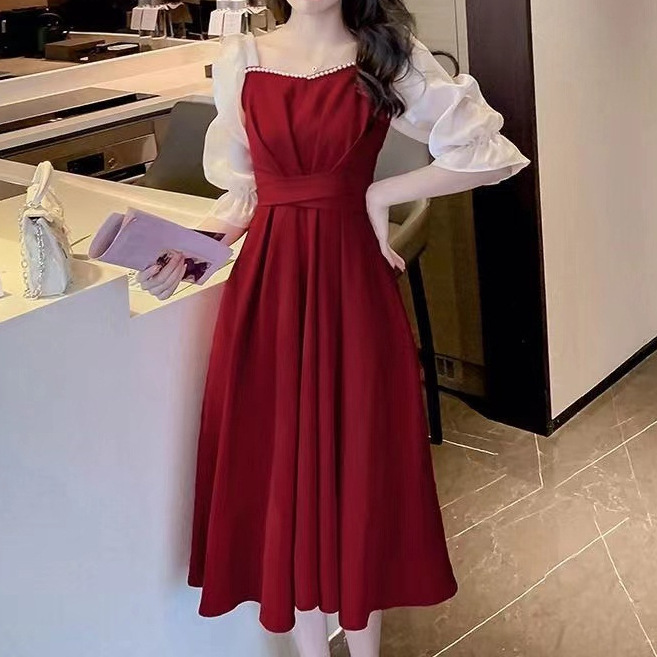 原版现货甜美礼服连衣裙五分袖夏季红色敬酒服收腰系带显瘦中长裙