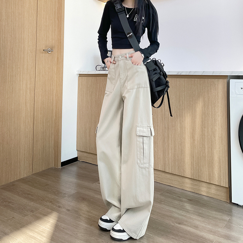 Explosions overalls jeans pocket design sense high waist slimming women's new wide leg pants pants spring 2024