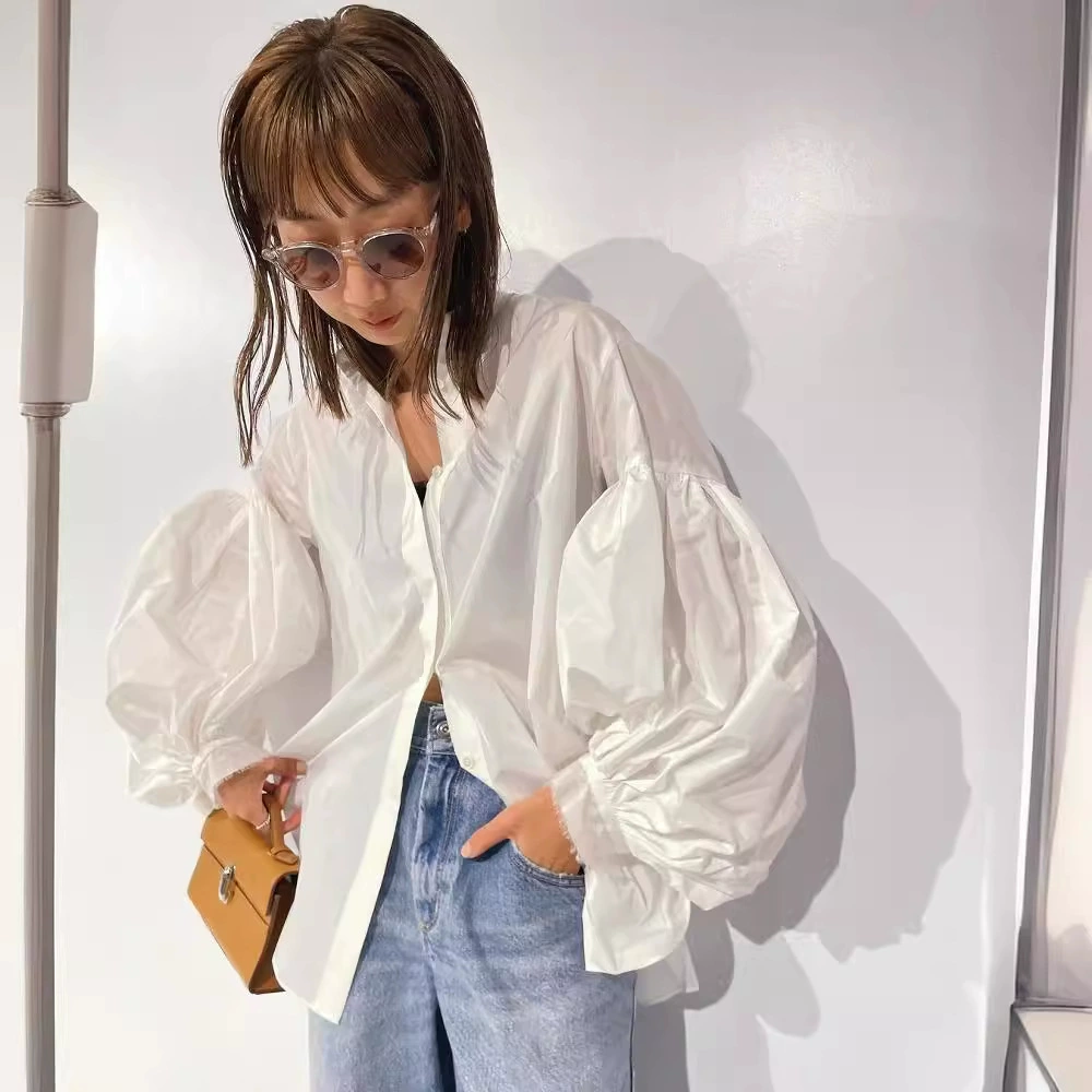 Новый японский стиль блоггера Dry Crane Ранняя осень модная Простая рубашка с рукавом-фонариком силуэт Свободный Повседневный Топ для похудения